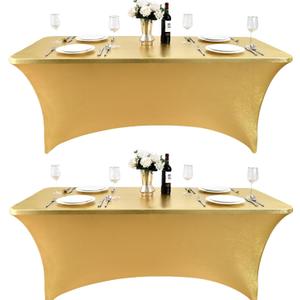 2-Pack 8ft Spandex Table Covers for Rectangle Folding Tables - Washable Elastic Tablecloth - Ultimate Fitted Table Protector for Birthday Parties, Trade Shows, Banquet (Golden)