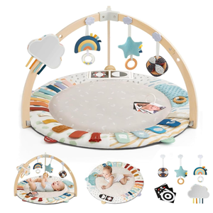 Blissful Diary Baby Play Gym & Activity Mat, 5 Developmental Zones Wooden Tummy Time Mat with 5 Detachable Sensory Toys for Motor Skills & Sensory Development, Baby Essentials Shower Gift