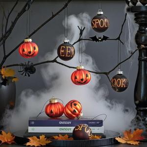 8Pcs Halloween Tree Ornaments Decor, Hanging Pumpkin Ornaments for Tree, Vintage Halloween Glass Ball for Small Trees, Tiered Tray, Tabletop, Indoor JackoLantern Ornament Home Decorations