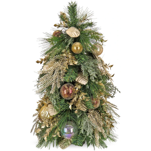 HGTV Home Collection Artificial Topiary Christmas Tree, Evergreen and Bristle Branch Tips, Decorated with Golden Sprigs and Leaves, Gold Ball Ornaments, Champagne Wishes Collection, 26 Inches