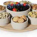 Dip Serving Tray - Snack Platter Round - Ceramic Serving Tray - Chip & Dip Sets with 7 Stackable 3oz Bowls and 1x14 oz Bowl - Dishwasher, Microwave and Oven Safe (Warm Grey) (Brown - Round)