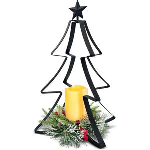 Christmas Table Centerpiece Decorations, Metal Christmas Tree Candle Holder with Battery Operated Candle Light Artificial Red Berries Pinecones Xmas Decor for Home Farmhouse Party