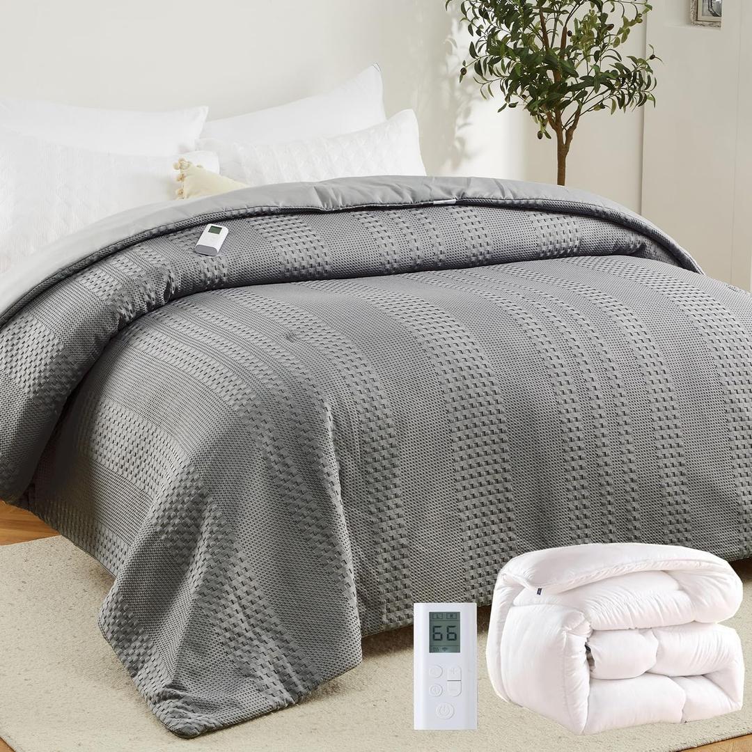 GarveeHome Queen Heated Comforter Electric Blanket, 90"*90" Waffle Weave Heating Blanket with Wireless LCD Controller, 6 Heat Levels & 2-10H Time Settings, UL Certified, Grey