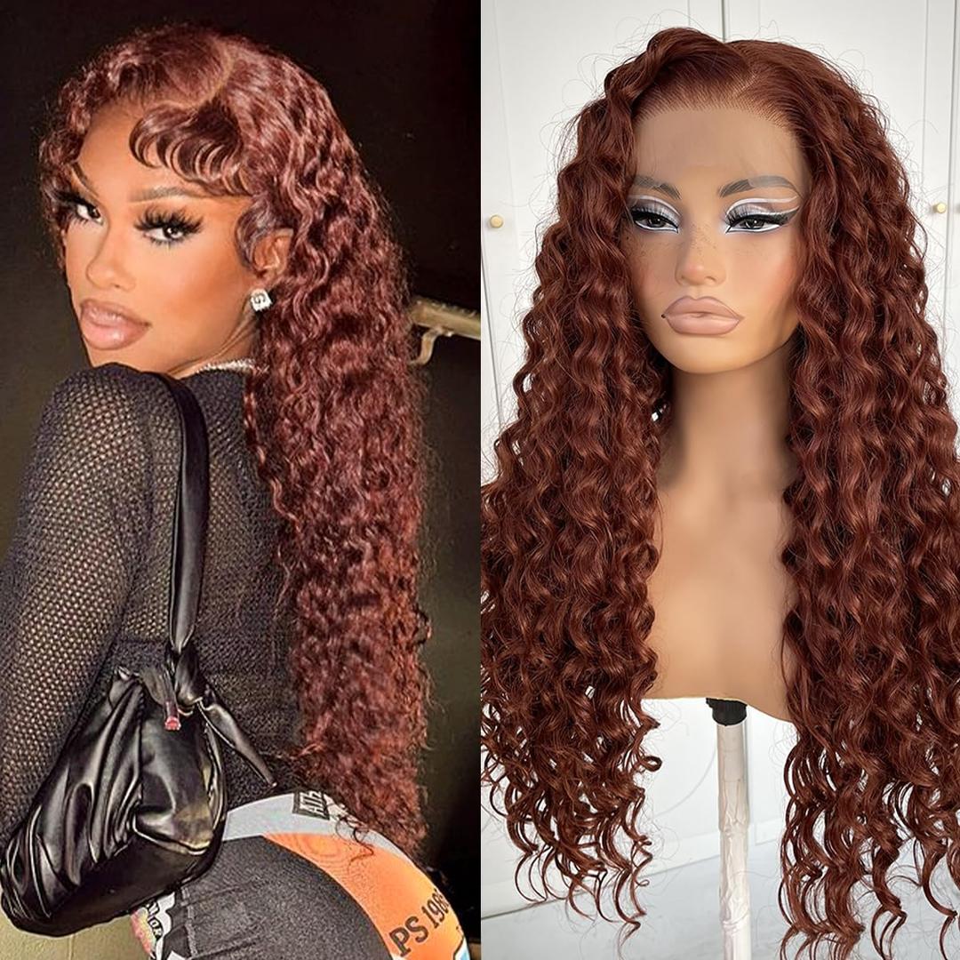 13x6 Reddish Brown Lace Front Wig Glueless Deep Wave Wig Pre-Plucked Red Color Kinky Curly Wig Synthetic Wear And Go Lace Front Wig