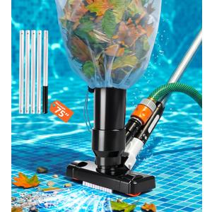 DeeprClean Handheld Pool Vacuum for Above Ground Pool, Pool Floor Cleaner with Pole of 75"& Brush, Garden Hose Water Pressure Powered Spa Jet Vacuum Cleaner, Portable for Spa and Hot Tub Leaf Catching