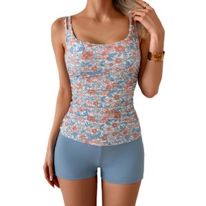 Eomenie Women's Swimsuit Tankini Set Modest Tummy Control Slimming Bathing Suits Two Piece Swim Suit with High Waisted Short (Large, Blue and Floral)