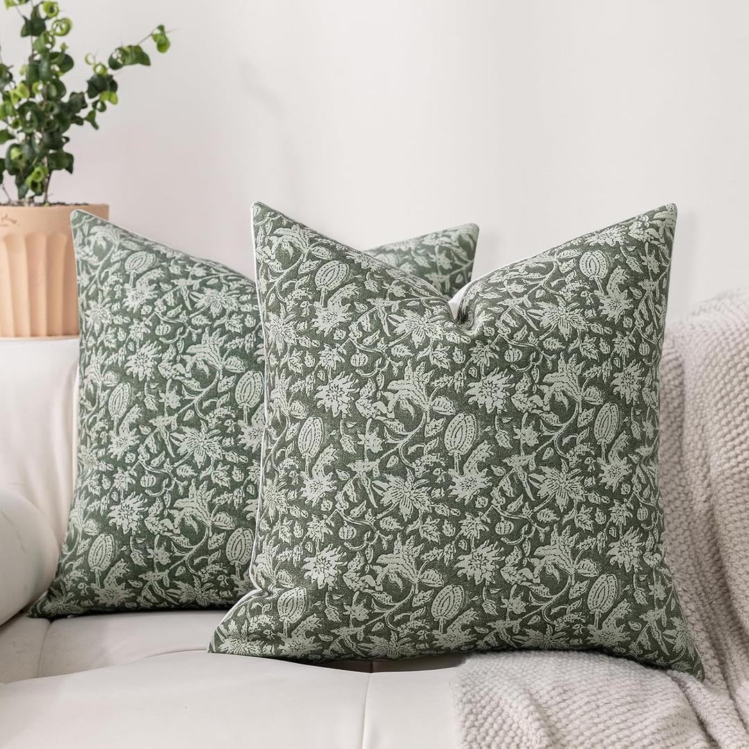 DWR Floral Throw Pillow Covers 20x20 Set of 2, Block Print Decorative Pillow Covers in Deep Sage Green, Neutral Faux Linen Cotton Blend, Vintage Look for Couch, Sofa, Bed, Living Room
