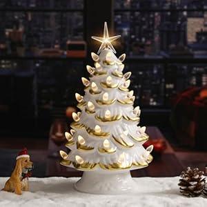 VCUTEKA Small Ceramic Christmas Tree Hand-Painted Vintage Tabletop Christmas Tree White Golden Holiday Decoration with Multi-Color Lights 11 inch