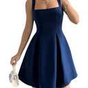 SOLY HUX Women's Summer Dresses Square Neck Sleeveless A Line Mini Dress Party Cocktail Short Dress Dark Blue Large