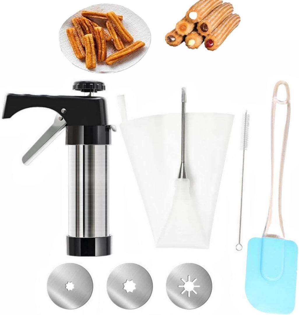 Churro Maker Machine Churrera and Piping Bag Churros Filler Hollow Churro with a Large Needle and 3 Nozzlessilicone spatula