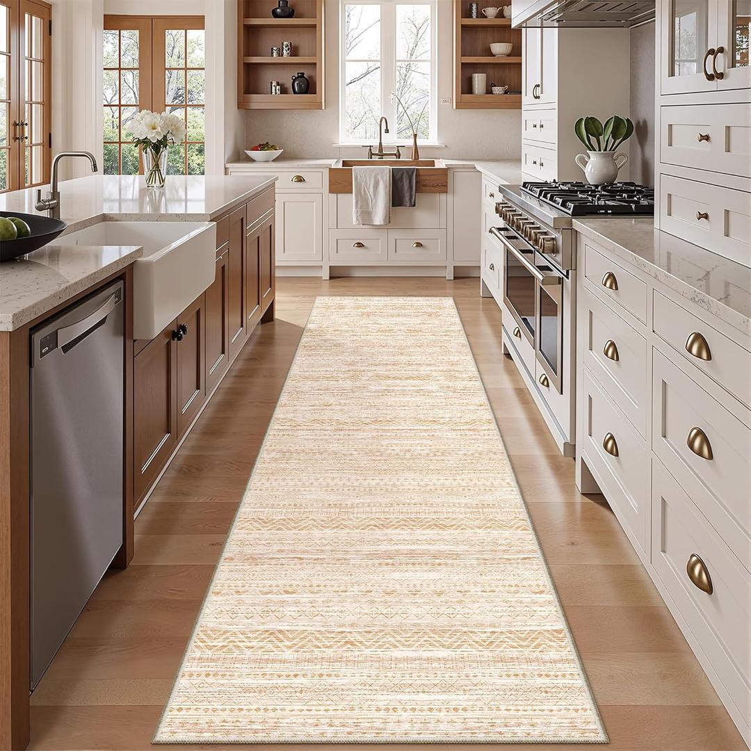 Miukiki 2x10 Runner Rug Moroccan Washable Hallway Runner Rug Non Slip Indoor Floor Kitchen Rug Foldable Carpet for Bathroom Laundry Room with Low Pile(Beige,2'x10')