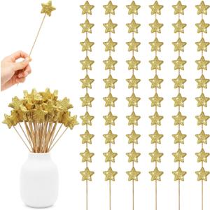 Mezchi 60 PCS Golden Glitter Star Floral Picks, 8.5 Inch Sparkly Foam Star with Wood Stem, Vase Sticks for Table Centerpieces, Craft Stars Decorations for Baby Shower, Birthday, Wedding, Christmas