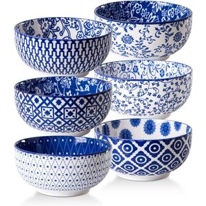 Ceramic Soup Bowls Set - 23 Oz Deep Cereal Bowl for kitchen - 6 Inch Porcelain Salad Bowl for Pasta, Dessert, Ramen - Microwave Dishwasher Safe - Set of 6 - Vintage Blue