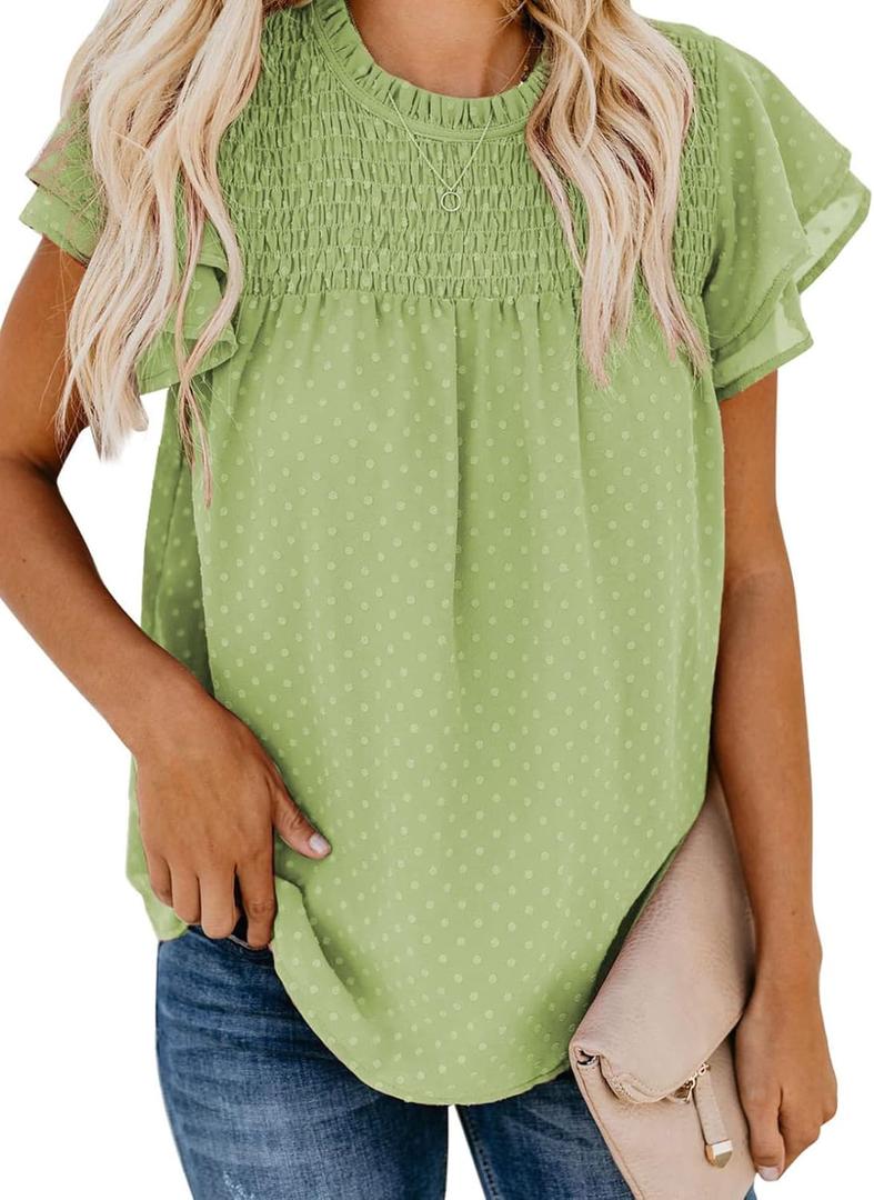 Dokotoo Womens Crewneck Lace Crochet Pom Pom Flowy Short Sleeve Casual Shirts Blouses Tops (Large, C Light Green)