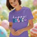 Easter Shirts for Women Happy Easter Day T-Shirt Leopard Plaid Letter Print Tee Tops (Purple, L)