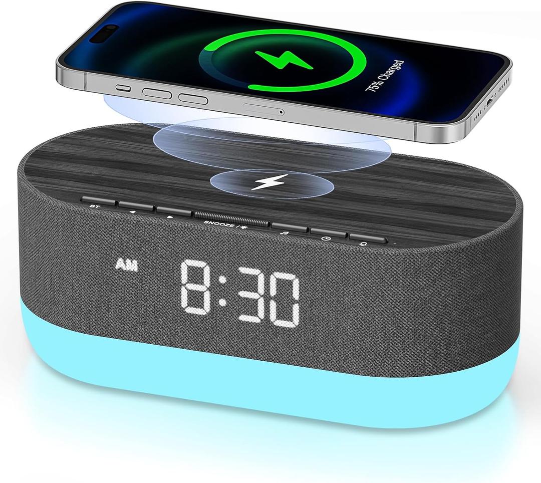HOUSBAY Alarm Clock with Wireless Charging Station – Magnetic Charger for iPhone 16/15/14/13/12 Series, Charging Dock for AirPods, USB Port for Apple Watch, Dimmable Night Light Clock for Bedroom