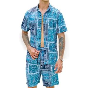 CAALEIS Men’s Summer 2 Piece Set – Short Sleeve Button Shirt & Drawstring Shorts Paisley Print Beachwear,small
