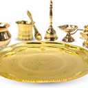 Vedic Charya 11 Inch Brass Puja Thali Set Flower Shape  Set of 7 Golden Traditional Plate, Decor Indian Religious Festivals & Worship for Shivratri, Navratri, Home Mandir, Office Wedding Return Gift