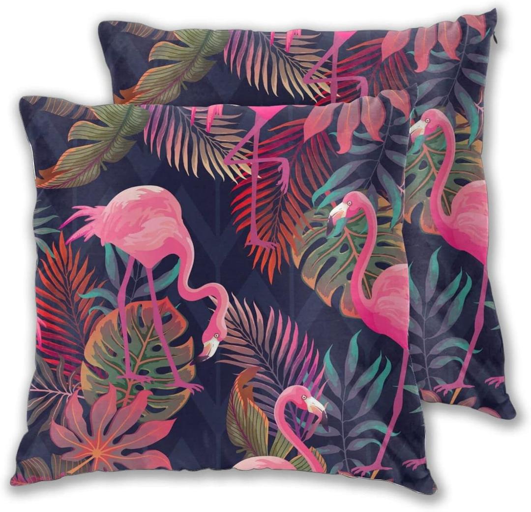 Pillowcase Set of 2 Tropical Plants Pink Flamingos Throw Pillow Covers Shells for Couch Office Bedroom Home Decoration 20 X 20 Inches