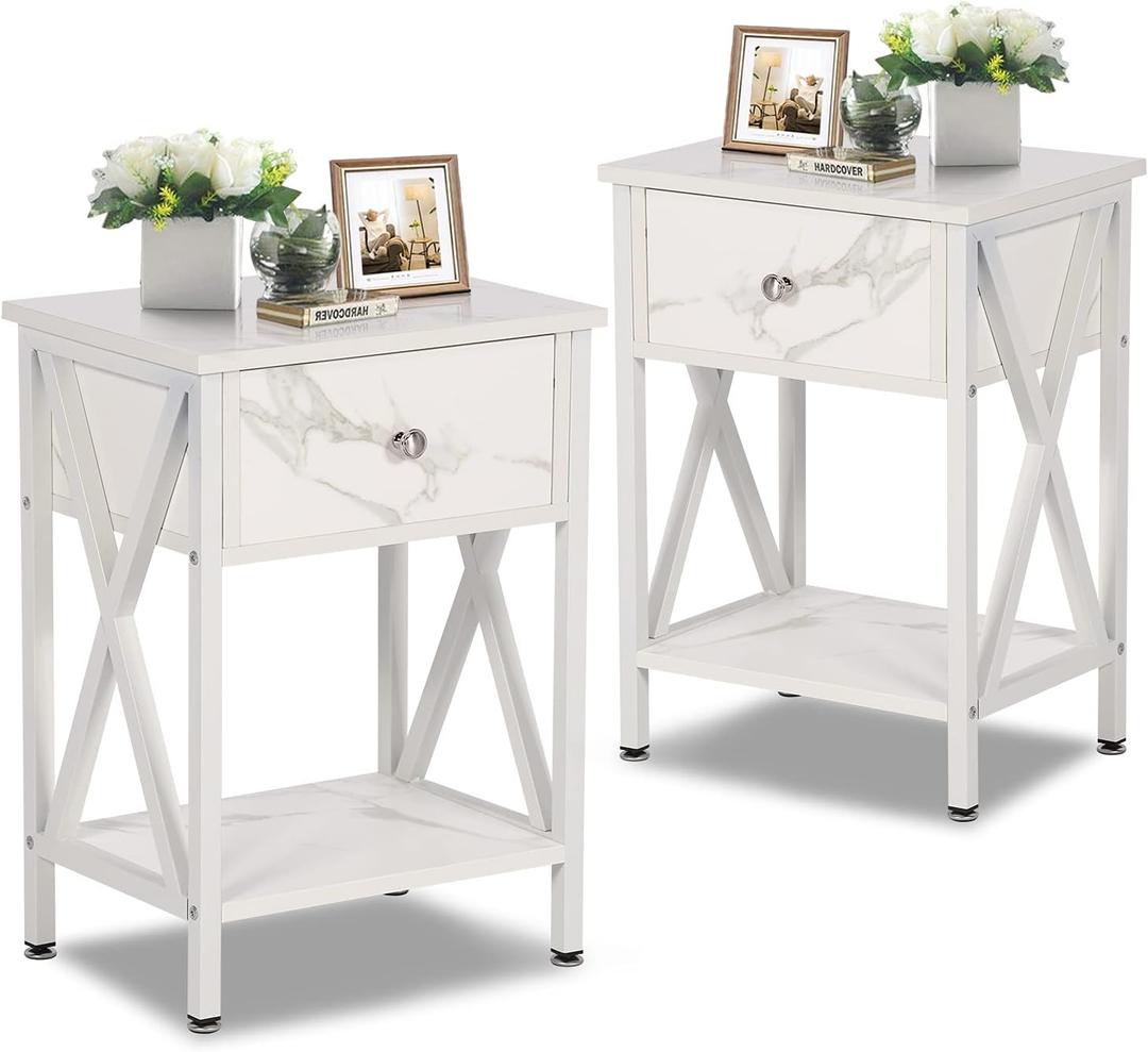 VECELO Night Stands for Bedroom Rustic Nightstand Bedside End Tables with Drawer Storage, (Set of 2), Pearl White