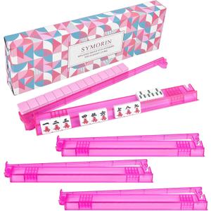 Non-Slip Mahjong Racks with Pushers, 4-Pack Clear Acrylic Racks, American Mahjong Accessories, Gift-Ready Mahjong Gifts (Pink)