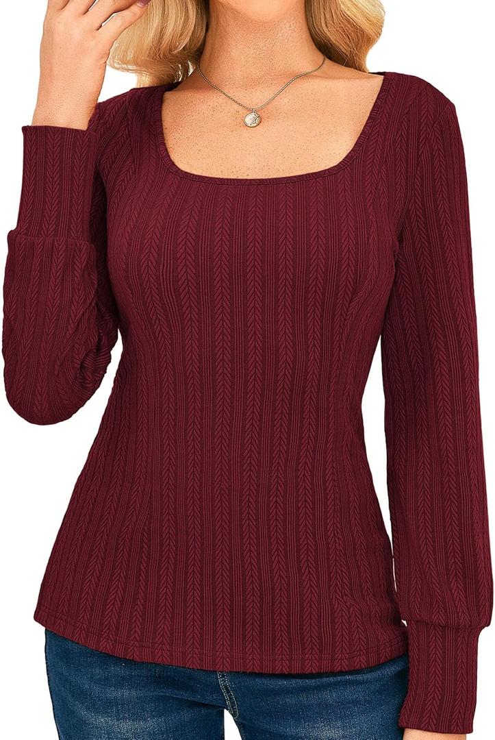 GRACE KARIN Womens Fall Long Sleeve Trendy Tops 2025 Square Neck Ribbed Casual Shirts Cozy Basic Sweater (Red, S)