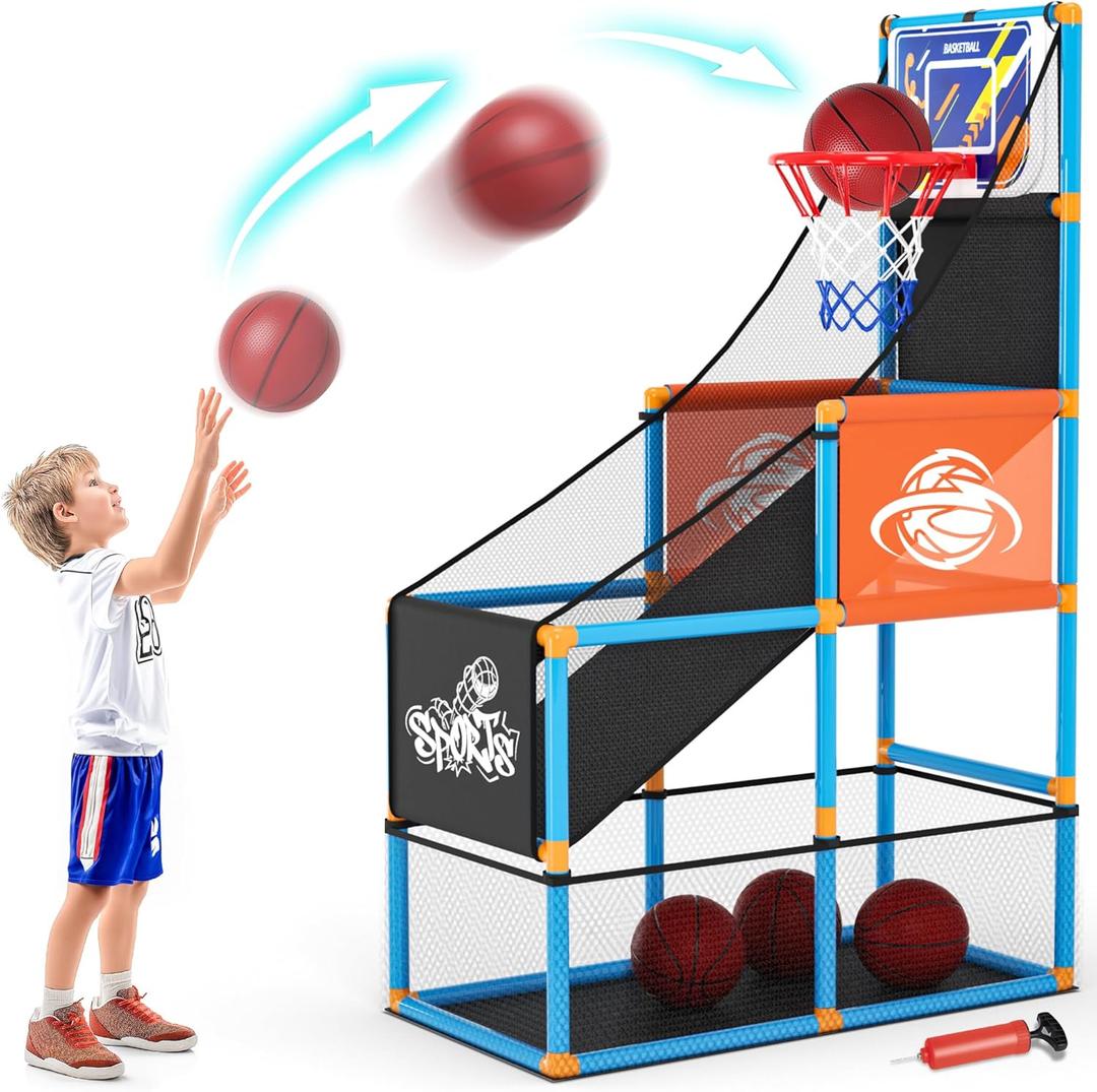 Arcade Basketball Game Set Boy Toys: Indoor Basketball Hoop with 4 Balls Outdoor Sports Toy for Kids 3-12 Years Old Adjustable Height with Air Pump Kid Party Games Birthday Gifts for Boys Girls Teens, Medium, Small