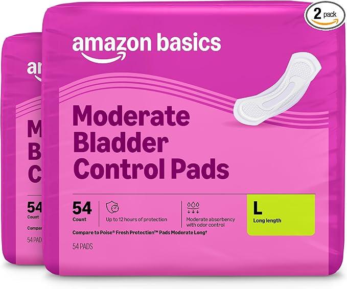 Amazon Basics Incontinence Pads for Women, Postpartum, Long, Bladder Control, Moderate Absorbency, Unscented, 108 Count (2 Packs of 54)