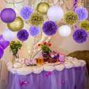 KAXIXI Hanging Party pom pom Set, 15pcs Purple Gold Paper Flowers Pom Poms Balls and Paper Lanterns for Wedding Birthday Bridal Baby Shower Graduation, LanternPomPom010