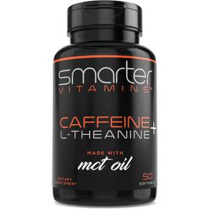 SmarterVitamins 200mg Caffeine Pills - MCT Oil from 100% Coconuts + 100mg L-Theanine, Energy and Focus, Extended Release Capsule, 50 Liquid Softgels
