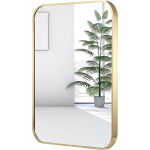 20x28 Inch Gold Bathroom Mirror, Brushed Brass Gold Metal Framed Rectangular Mirror with Rounded Corner, Bathroom Vanity Mirror for Bedroom or Living Room, Horizontal/Vertical