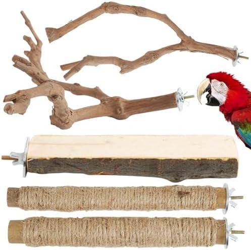 Bird Perch Stand, Pole Standing Natural Wood Bird Perch Set 5PCS Paw Grinding Fork Parrot Cage Branch with Rope for Macaw African Grey Amazon Pet Medium Birds Cage Accessories