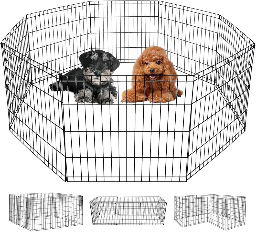 FDW 24 Inch Dog Pen 8 Panel Dog Playpen Indoor Outdoor Metal Puppy Pet Fence Portable Folding Animal Exercise Fence, Black