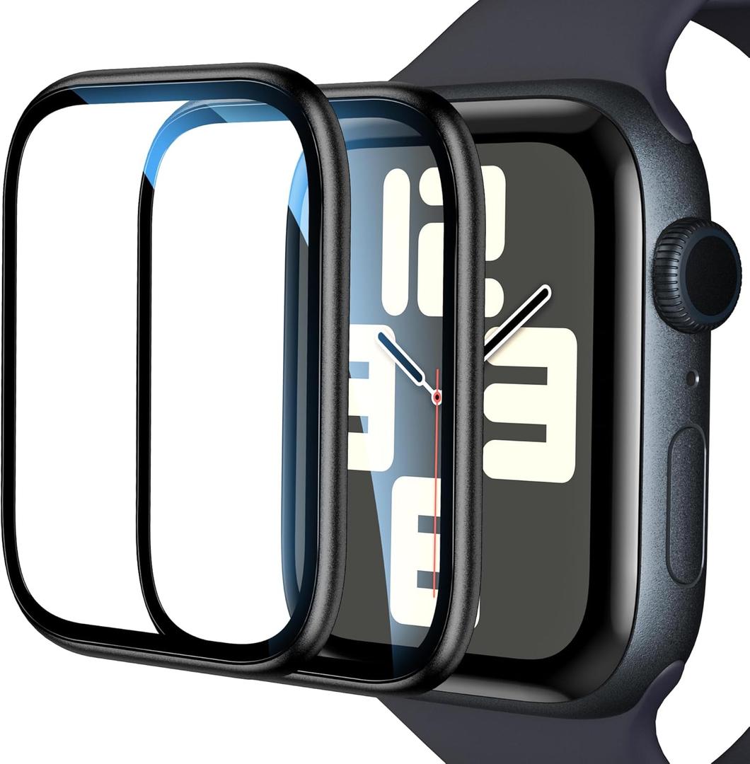 EWUONU [2 Pack] for Apple Watch Screen Protector 44mm SE 3/2 SE Series 6 5 4, Titanium Alloy Bumper + Tempered Glass, Full Coverage Waterproof Non-Bubble Anti-Scratch HD Clear Film for iWatch 44mm,Black