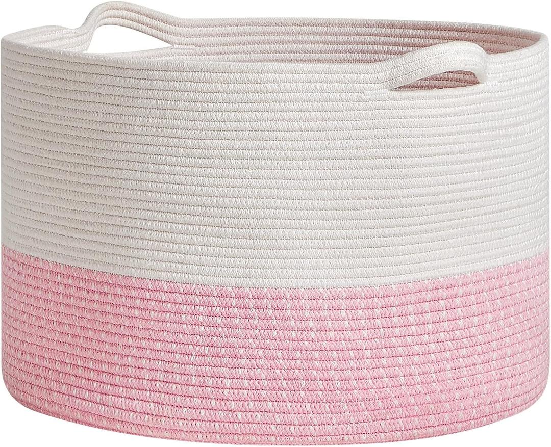 Extra Large Cotton Rope Basket 22" x 14"| Toy Basket (White & Pink)
