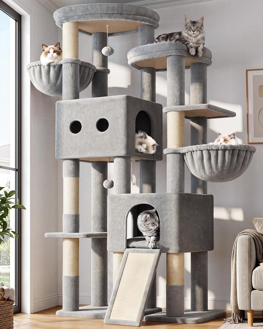Globlazer Sturdy Cat Tower for Indoor Cats 20lbs, 76in, S76E, Light Grey