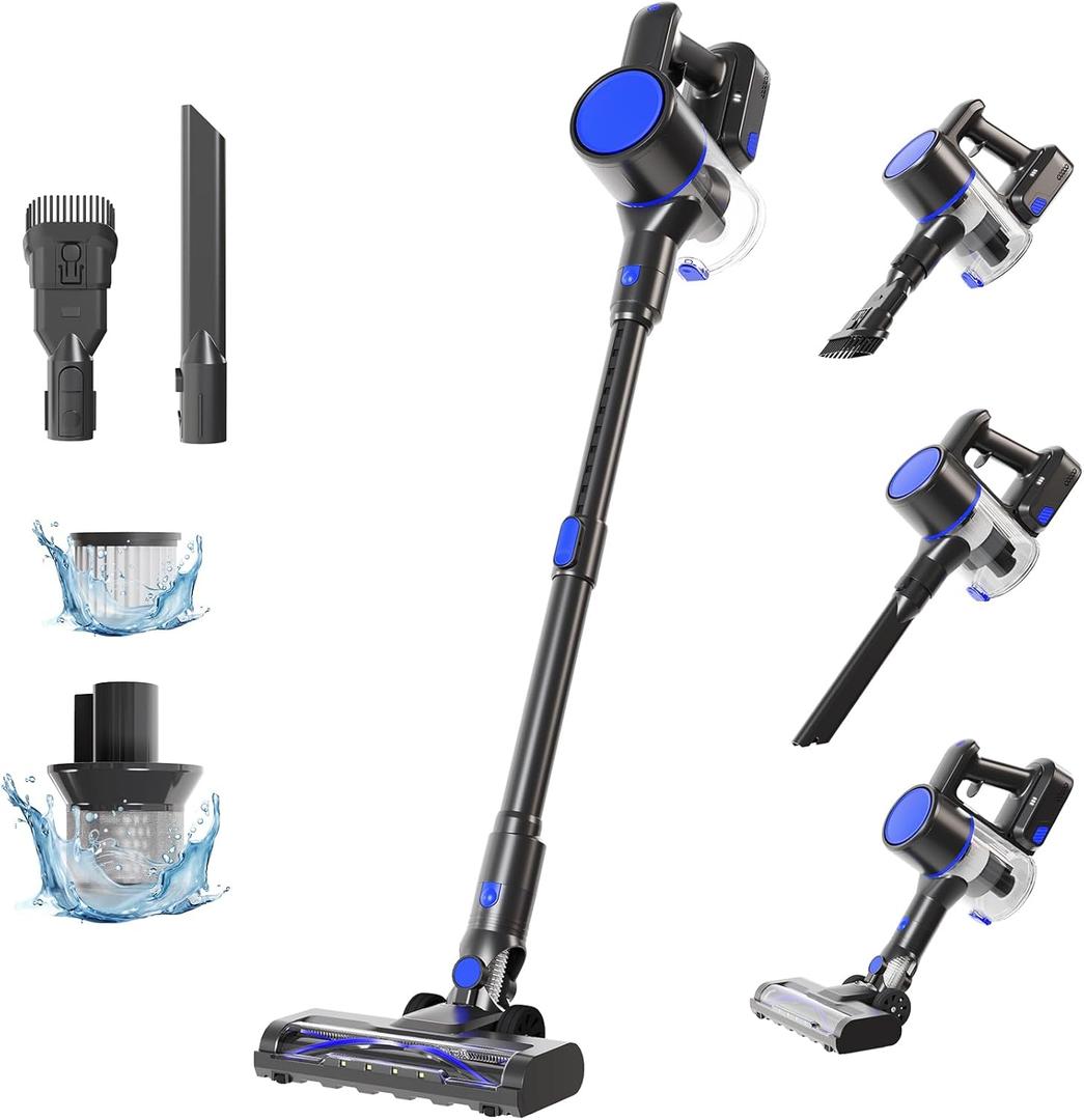 NEWBULIG Cordless Vacuum Cleaner, Lightweight Stick Vacuum for Home with Anti-Tangle and LED Lights, Powerful Rechargeable Wireless Cleaners for Hardwood Floors Carpet Pet Hair (11"*10", Modern Black Blue)