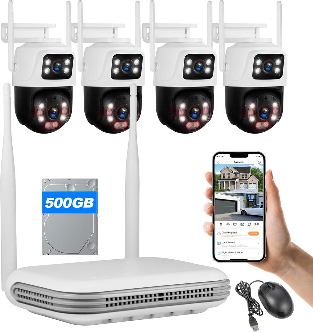 Fuers Wireless WiFi Security Camera System, 8CH HD NVR Kit, 4Pcs 5MP CCTV Home Dual Lens Security Camera System for Indoor/Outdoor Use, Night Vision, Waterproof, Motion Detection, 500G Hard Drive