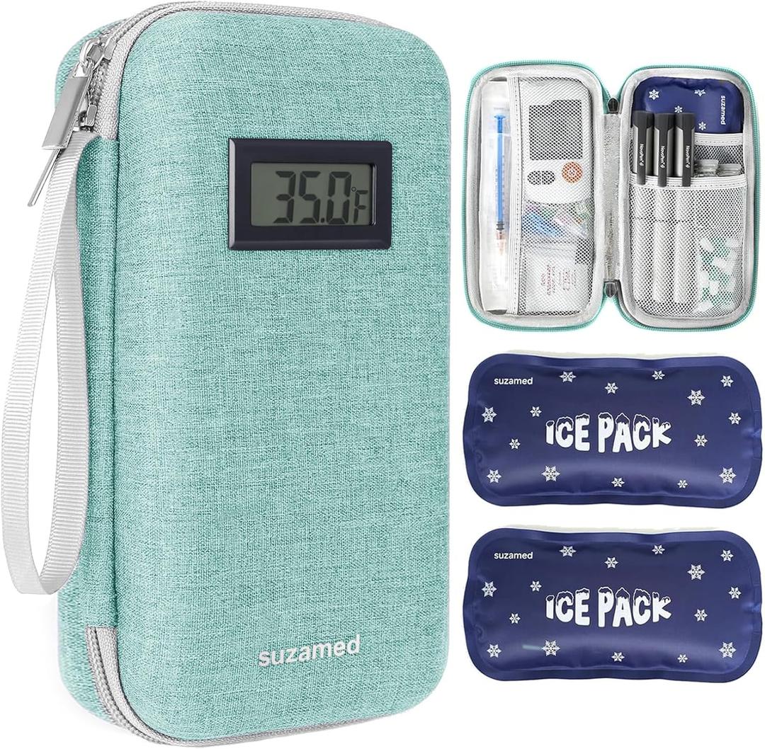 Insulin Cooler Travel Case,EVA Insulation Travel Medicine Kit with Temperature Display for Diabetes Care,Insulin Pen and Other Diabetic Supplies (Green-Temp)