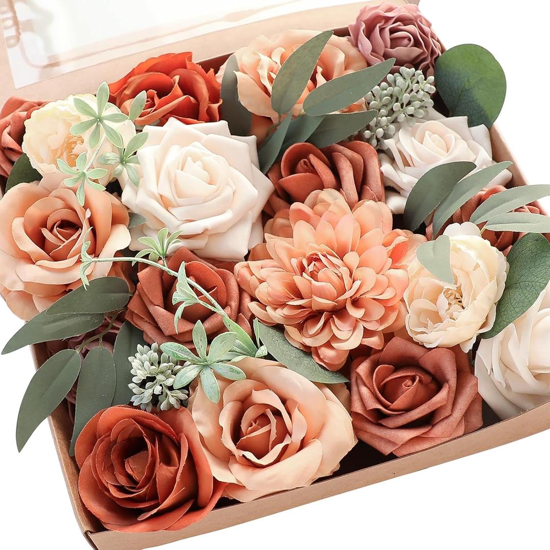 Floroom Terracotta Artificial Flowers Burnt Orange Fake Roses Peonies Dahlia Greenery Combo Box Set for DIY Wedding Bouquets Bridal Shower Centerpieces Floral Arrangements Party Tables Home Decoration