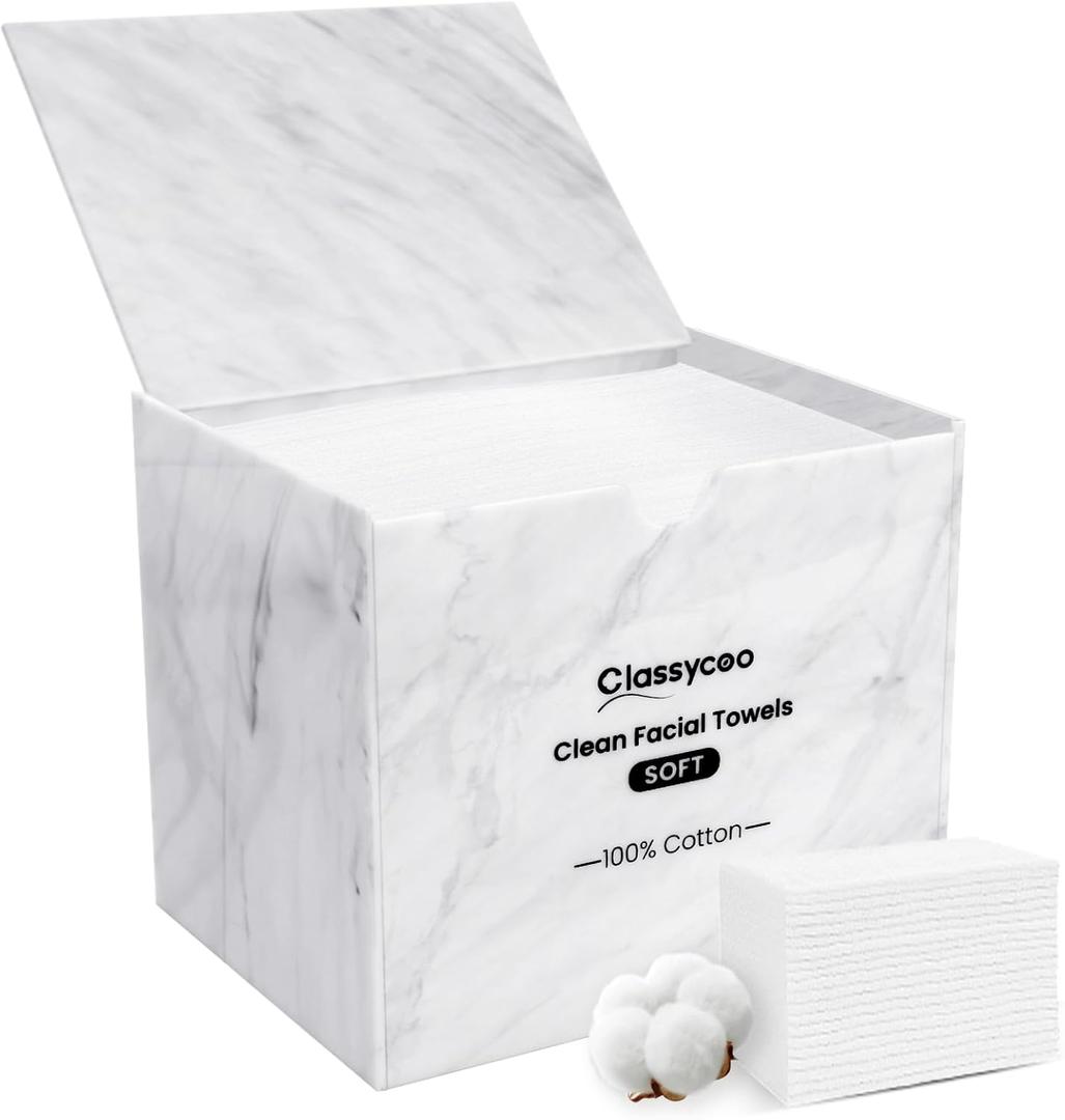 Classycoo Face Towel Holder, 50 PCS Disposable Towels XL Included Compatible with Clean Skin Club Cotton Towel, Odor-Free, Marble Acrylic Container Box Facial Wipes, Bathroom Cosmetic Storage