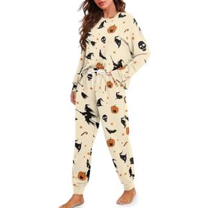 Drawstring Pajamas for Women Set 2 Piece Long Sleeve Pajama Sets Comfy Loungewear Pjs Trendy Cozy Sleepwear (X-Large, Halloween Witch Pumpkin)