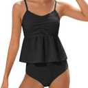 Girls Tankini Swimsuit 2-Piece Tankini Set Adjustable Straps and High Waisted Bathing Suit for Girl 5-12 Year Old (Black)