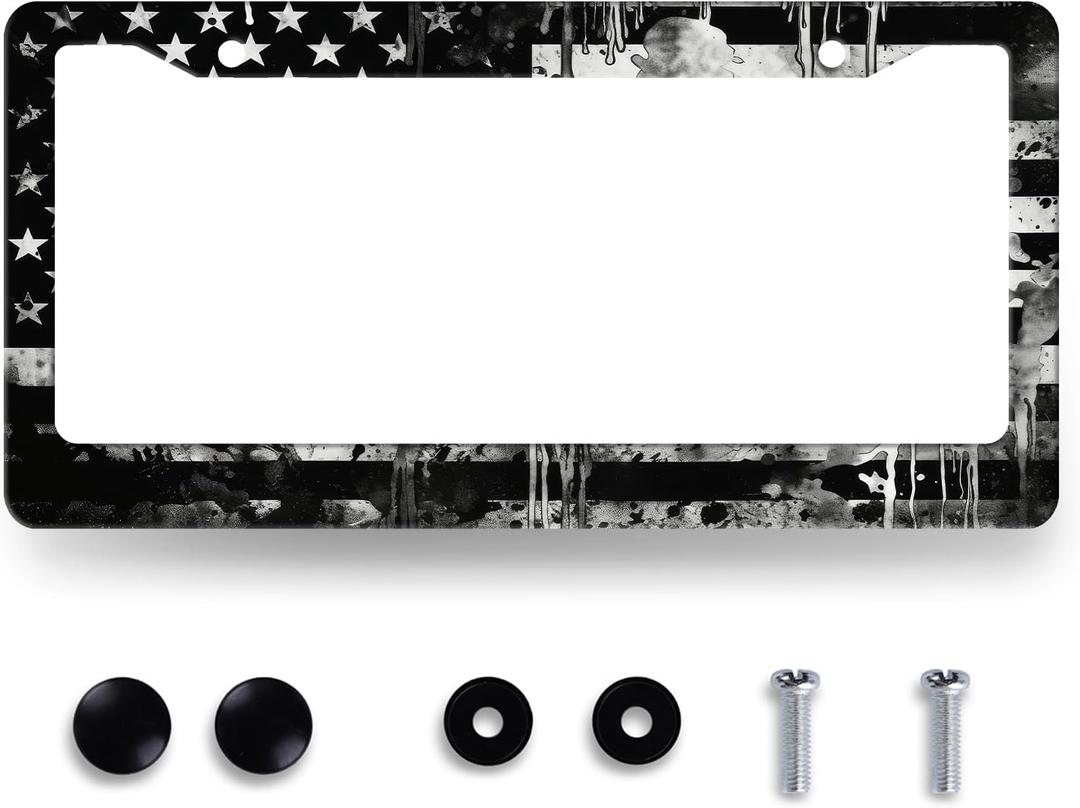 Retro Black Grey American Flag License Plate Frame USA License Plate Holder Funny Auto Parts Stainless Steel Patriotic Universal Cars Decoration for Men Women 12.2" x 6.2"