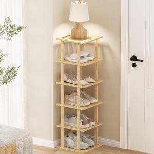 Bamboo Shoe Rack - Vertical Shoe Rack for Small Spaces, Skinny Shoe Shelf Space Saving Storage, Tall Vertical Narrow Shoe Rack for Front Door Entrance Closet Corner Garage