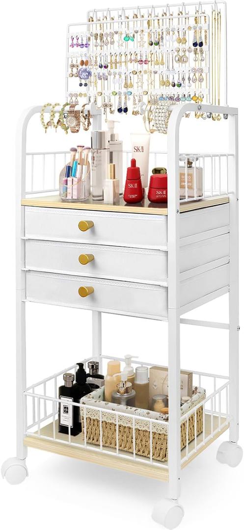Large Jewelry Holder Organizer, Jewelry Display Stand with 3 Jewelry Box Drawers, Earring Storage Organizer Necklace Rack Jewelry Towers for Necklace Earring Bracelet Ring Watch (White)