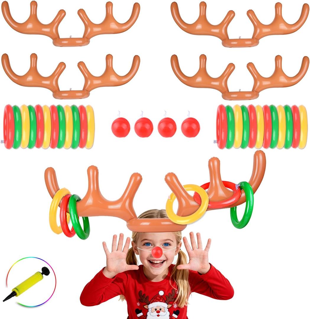 Christmas Games for Family Party, 4 Pack Inflatable Reindeer Antler Ring Toss Game Great Christmas Games for Adults and Kids