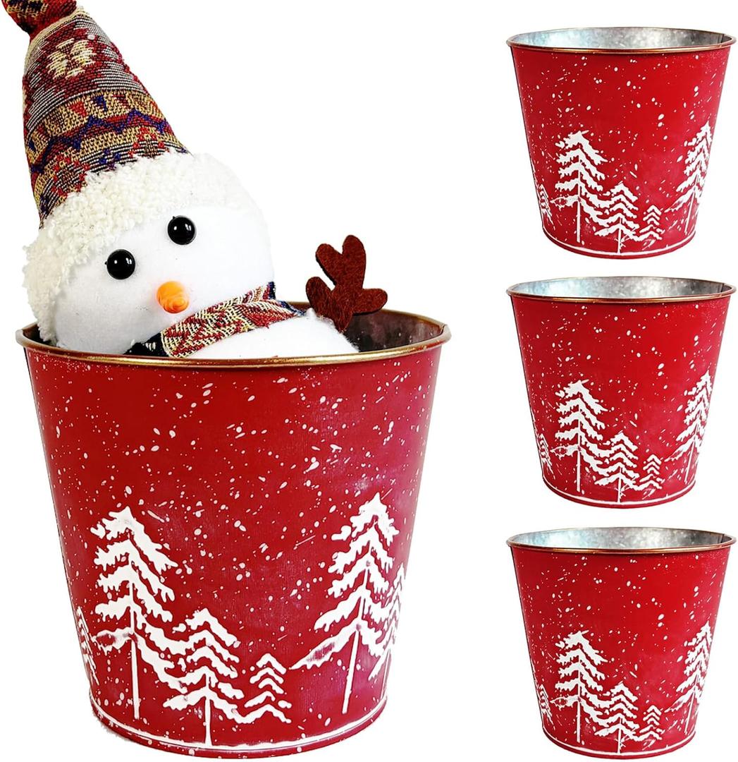4 Pcs Christmas Metal Buckets for Gifts, 5.7" Red Galvanized Tin Candy Bucket Beverage Tub for Xmas Decor Home Storage Table Centerpiece, Farmhouse Pails Christmas Tree Planter Pot (Christmas Tree)