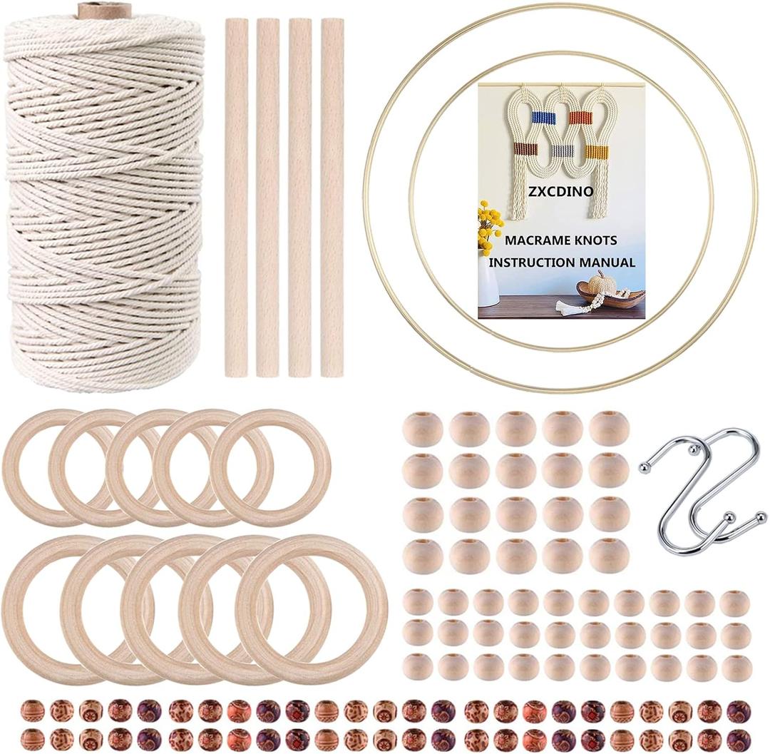 119pcs Macrame Kits for Starter 3mm x 109Yards Natural Cotton Macrame Cord with 100pcs Wooden Beads,10pcs Wooden Rings,Wooden Sticks,Metal Rings,S Hooks Macrame Supplies for Plant Hangers