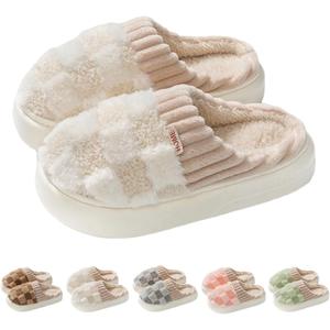 VTTDB Checkered Slipper House Slippers for Women Men Plush Warm Fuzzy Slippers Flyffy Bedroom Shoes Indoor Slip On (White)